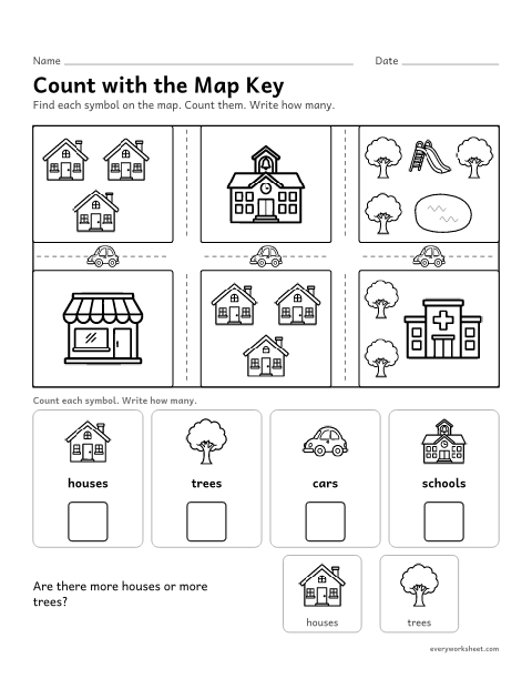 Preview of the printable “Map key counting” worksheet: reading map symbols and counting them (up to 10)