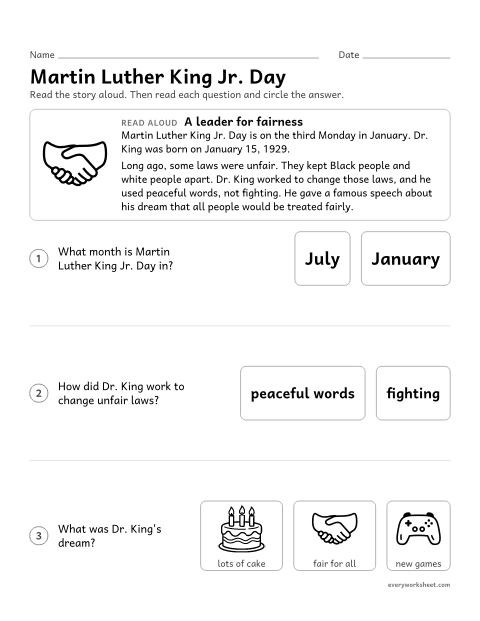 Preview of the printable “Martin luther king Jr. day Read-Aloud” worksheet: listening to a story about Dr. Martin Luther King Jr. and answering questions