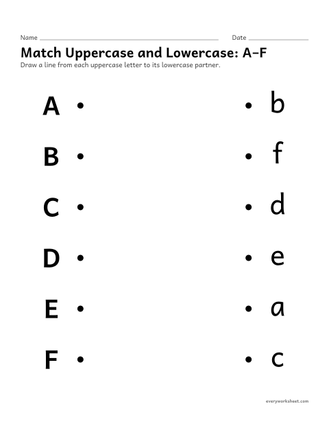 Preview of the printable “Match uppercase and Lowercase: A–F” worksheet: matching uppercase and lowercase letters