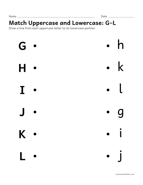 Preview of the printable “Match uppercase and Lowercase: G–L” worksheet: matching uppercase and lowercase letters