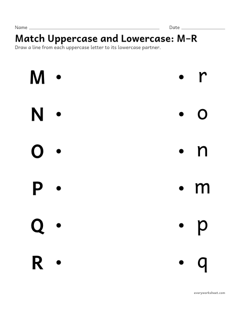 Preview of the printable “Match uppercase and Lowercase: M–R” worksheet: matching uppercase and lowercase letters