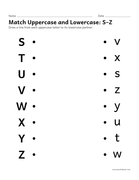 Preview of the printable “Match uppercase and Lowercase: S–Z” worksheet: matching uppercase and lowercase letters