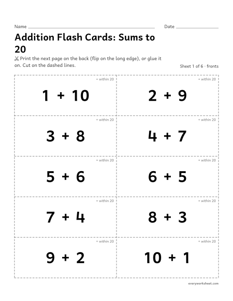 Preview of the printable “Addition flash Cards: sums to 20” worksheet: practicing addition facts with sums from 11 to 20 with flash cards