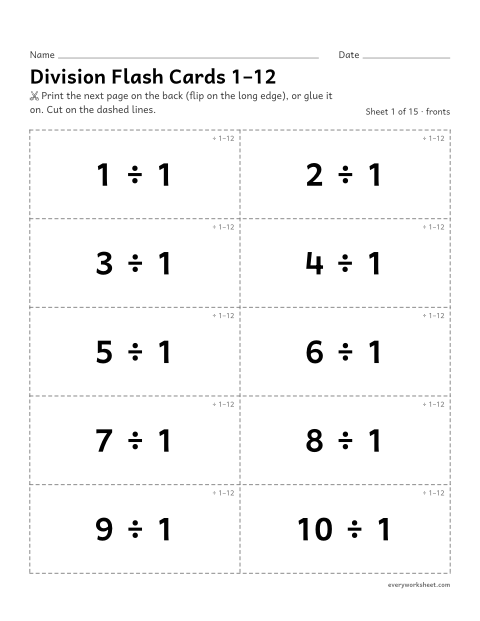 Preview of the printable “Division flash cards 1–12” worksheet: practicing division facts with divisors and quotients from 1 to 12 with flash cards