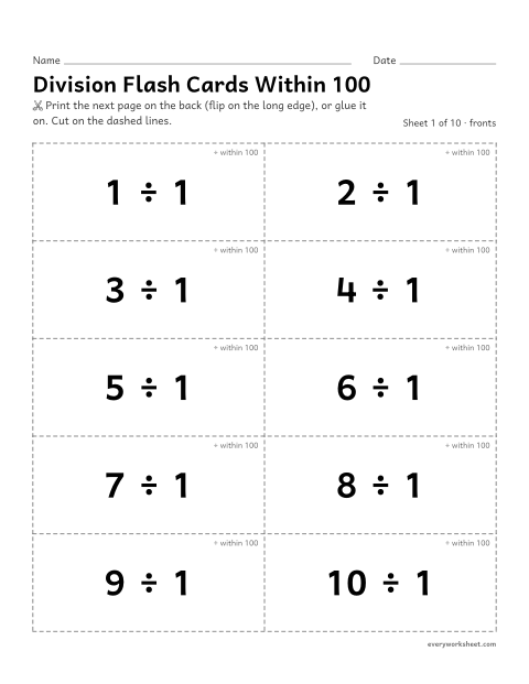 Preview of the printable “Division flash cards within 100” worksheet: practicing division facts within 100 with flash cards