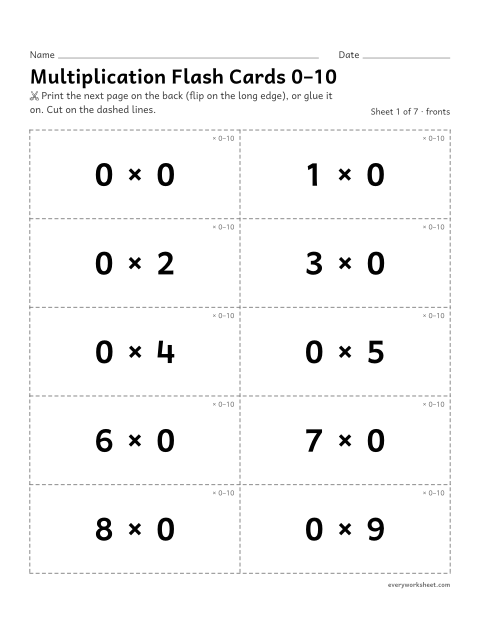Preview of the printable “Multiplication flash cards 0–10” worksheet: practicing multiplication facts from 0 × 0 to 10 × 10 with flash cards