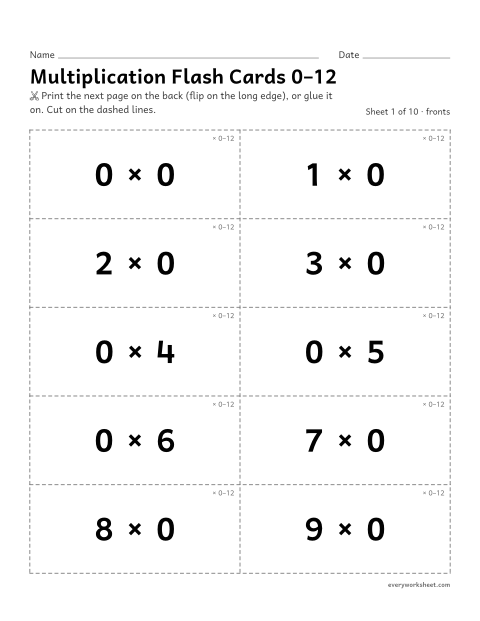 Preview of the printable “Multiplication flash cards 0–12” worksheet: practicing multiplication facts to 12 × 12 with flash cards