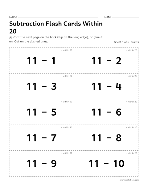 Preview of the printable “Subtraction flash cards within 20” worksheet: practicing subtraction facts from 11 to 20 with flash cards