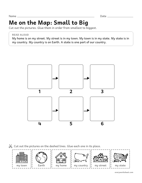 Preview of the printable “Me on the map cut and paste” worksheet: ordering places from smallest to biggest: home, street, town, state, country, Earth