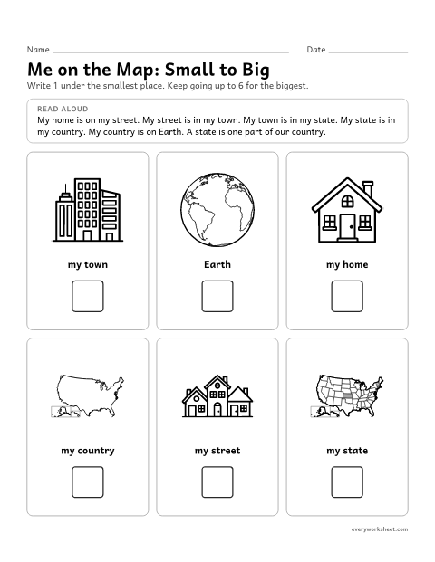 Preview of the printable “Me on the Map: small to big” worksheet: ordering places from smallest to biggest: home, street, town, state, country, Earth