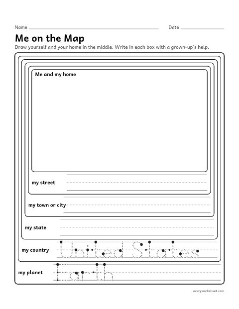 Preview of the printable “Me on the map worksheet” worksheet: showing where I live, from my home and street out to my country and Earth