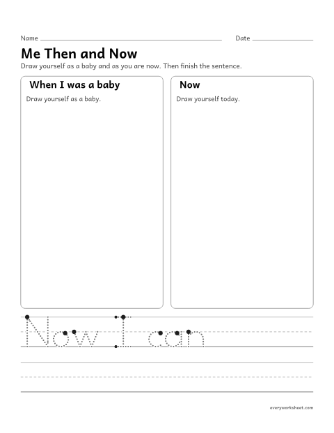 Preview of the printable “Me then and now” worksheet: drawing and writing about how I have changed since I was a baby