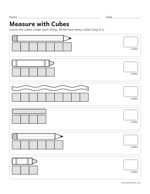 Preview of the printable “Measure with cubes” worksheet: measuring length with cubes