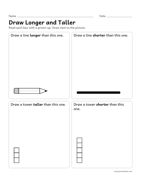 Preview of the printable “Draw longer and taller” worksheet: drawing to compare length and height