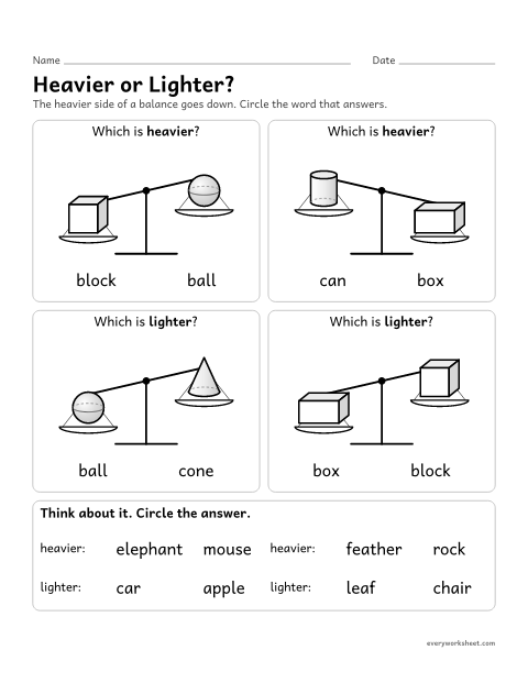 Preview of the printable “Heavier or Lighter?” worksheet: comparing weight: heavier and lighter