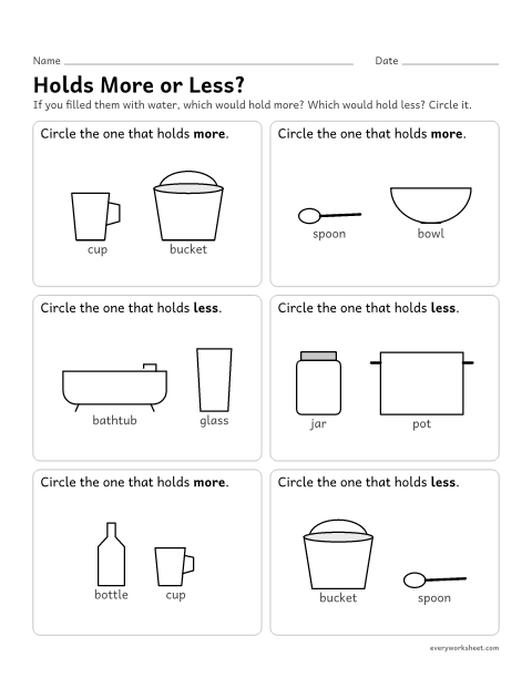 Preview of the printable “Holds more or Less?” worksheet: comparing capacity: holds more and holds less