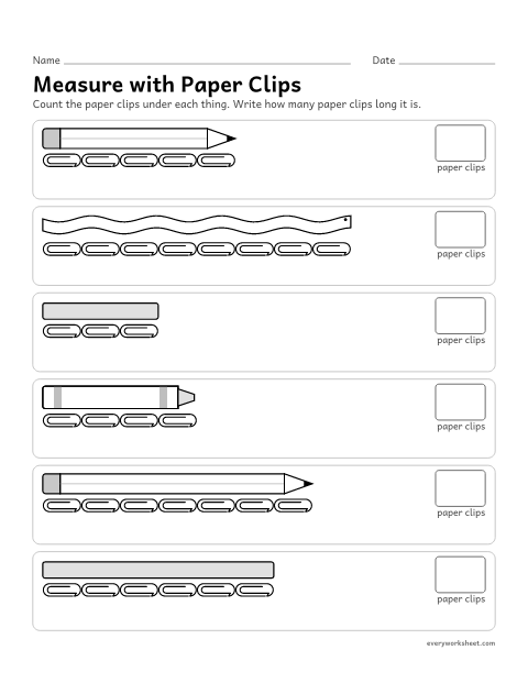 Preview of the printable “Measure with paper clips” worksheet: measuring length with paper clips