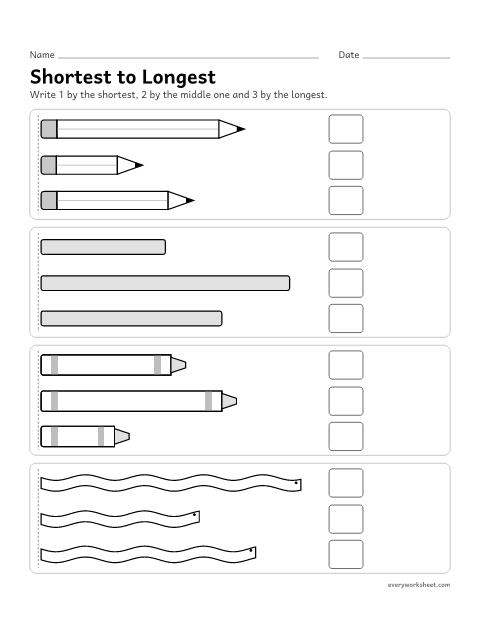 Preview of the printable “Shortest to longest” worksheet: ordering three objects by length