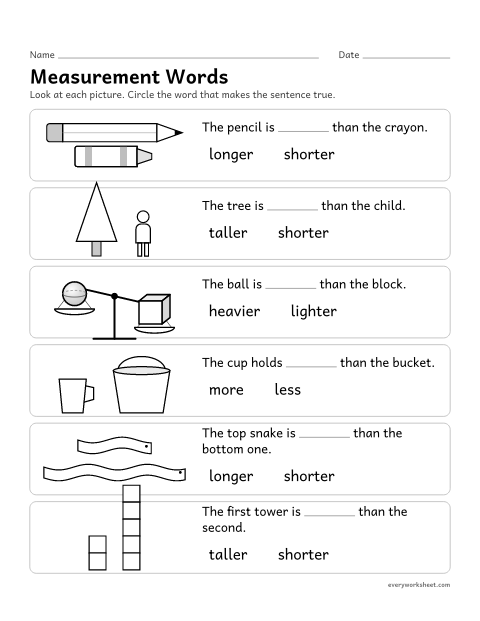 Preview of the printable “Measurement words” worksheet: describing length, height, weight and capacity