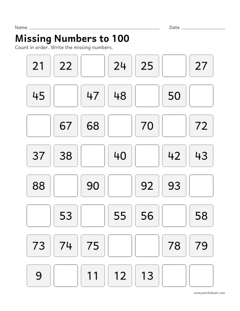 Preview of the printable “Missing numbers to 100” worksheet: filling in missing numbers in a counting sequence to 100