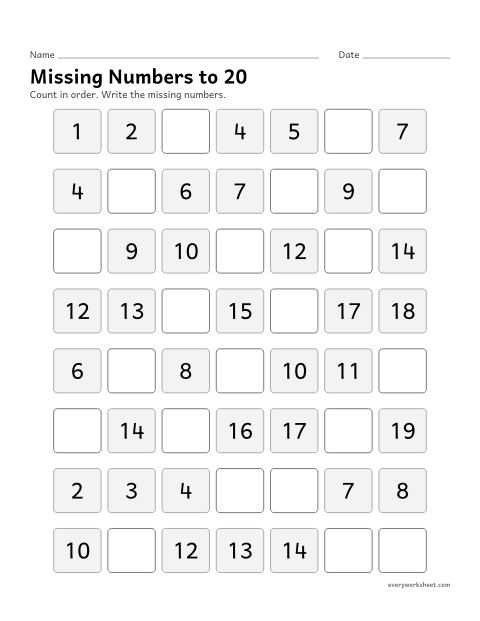 Preview of the printable “Missing numbers to 20” worksheet: filling in missing numbers in a counting sequence to 20
