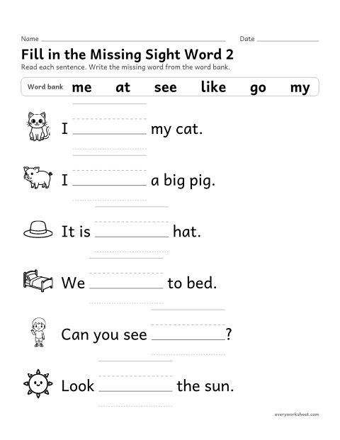 Preview of the printable “Fill in the missing sight word 2” worksheet: choosing the missing sight word in a sentence (can to look)