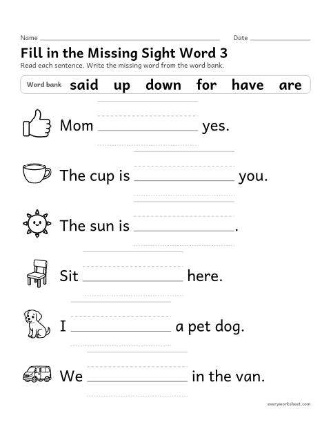 Preview of the printable “Fill in the missing sight word 3” worksheet: choosing the missing sight word in a sentence (said to they)