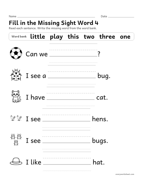 Preview of the printable “Fill in the missing sight word 4” worksheet: choosing the missing sight word in a sentence (this to blue)