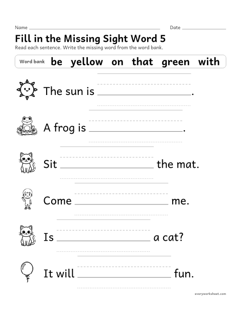 Preview of the printable “Fill in the missing sight word 5” worksheet: choosing the missing sight word in a sentence (yellow to that)