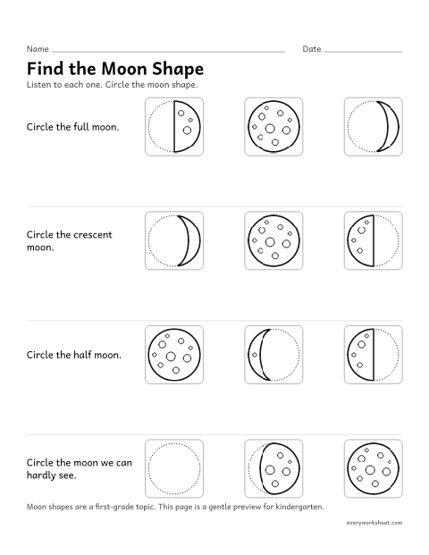 Preview of the printable “Moon Shapes: circle the moon” worksheet: recognizing full, half and crescent moon shapes (a first-grade preview)