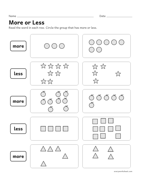 Preview of the printable “More or less” worksheet: choosing the group with more or less