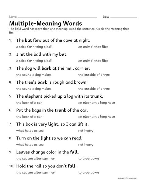 Preview of the printable “Multiple-Meaning words” worksheet: using a sentence to choose the meaning of a word with two meanings