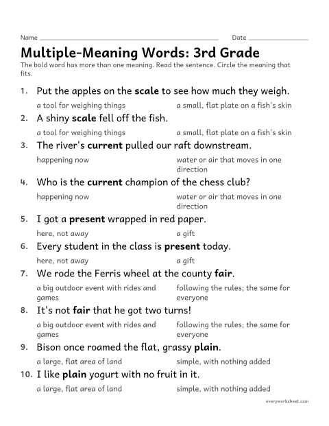 Preview of the printable “Multiple-Meaning Words: 3rd grade” worksheet: using a sentence to choose the meaning of a word with more than one meaning