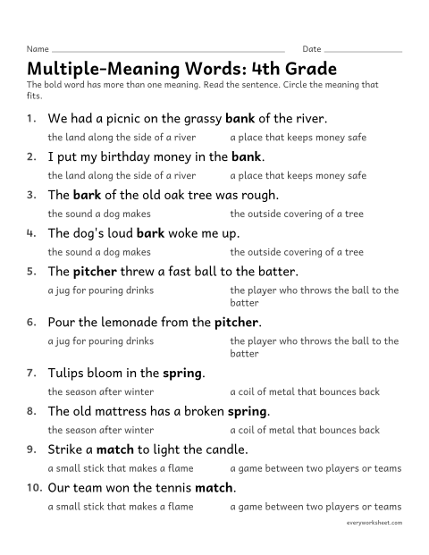 Preview of the printable “Multiple-Meaning Words: 4th grade” worksheet: using a sentence to choose the meaning of a word with more than one meaning