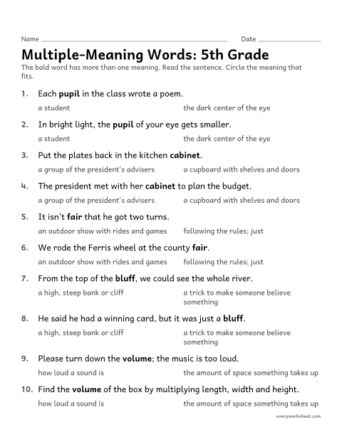 Preview of the printable “Multiple-Meaning Words: 5th grade” worksheet: using a sentence to choose the meaning of a word with more than one meaning