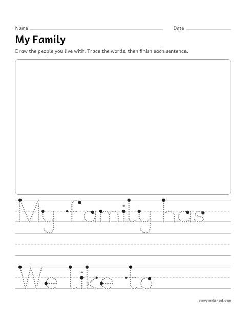 Preview of the printable “My family writing prompt” worksheet: writing facts about my family