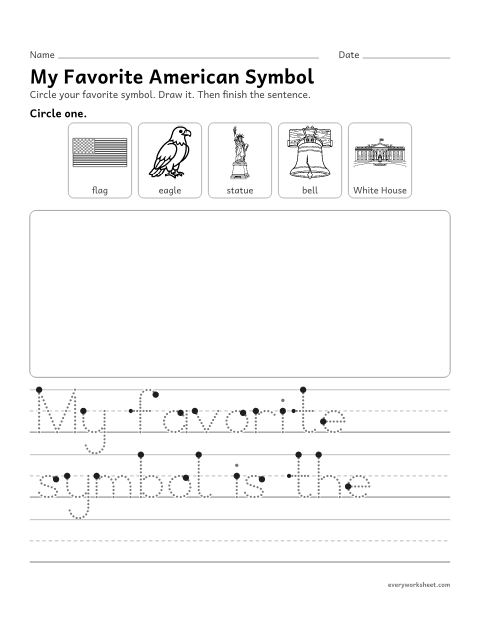 Preview of the printable “My favorite american symbol” worksheet: choosing, drawing and writing about a favorite American symbol