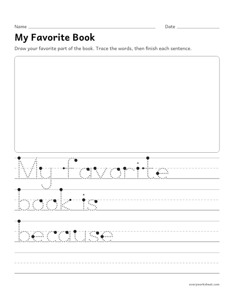 Preview of the printable “My favorite book writing prompt” worksheet: stating an opinion about a favorite book and giving a reason