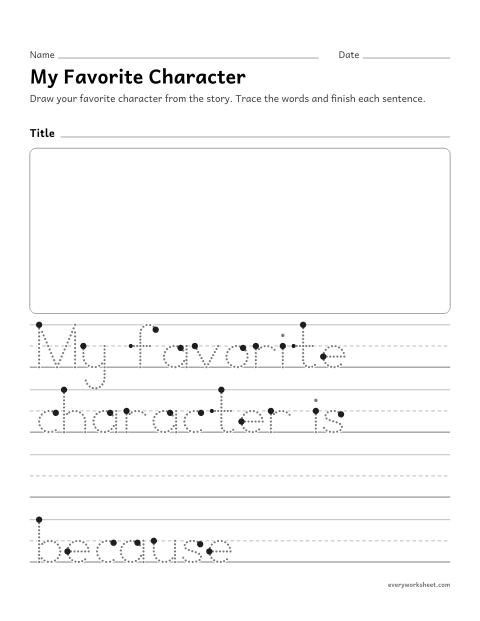 Preview of the printable “My favorite character (Any Book)” worksheet: describing a character from a story