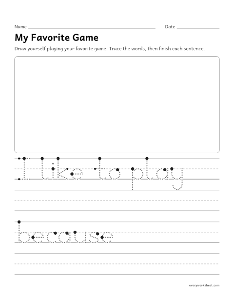 Preview of the printable “My favorite game writing prompt” worksheet: stating an opinion about a favorite game and giving a reason