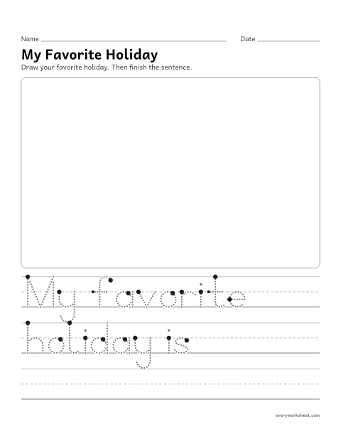 Preview of the printable “My favorite holiday” worksheet: drawing and writing about a favorite holiday