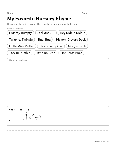 Preview of the printable “My favorite nursery rhyme” worksheet: drawing and writing to name a favorite nursery rhyme