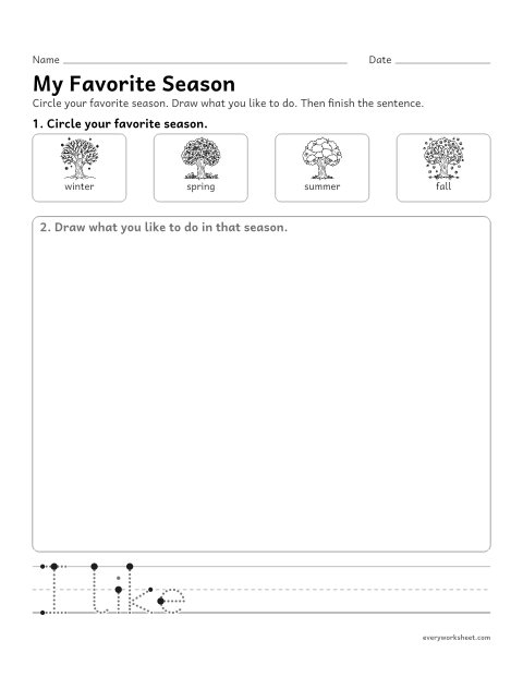 Preview of the printable “My favorite season drawing and writing page” worksheet: telling about a favorite season with a drawing and words