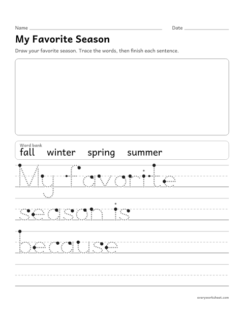Preview of the printable “My favorite season writing prompt” worksheet: stating an opinion about a favorite season and giving a reason