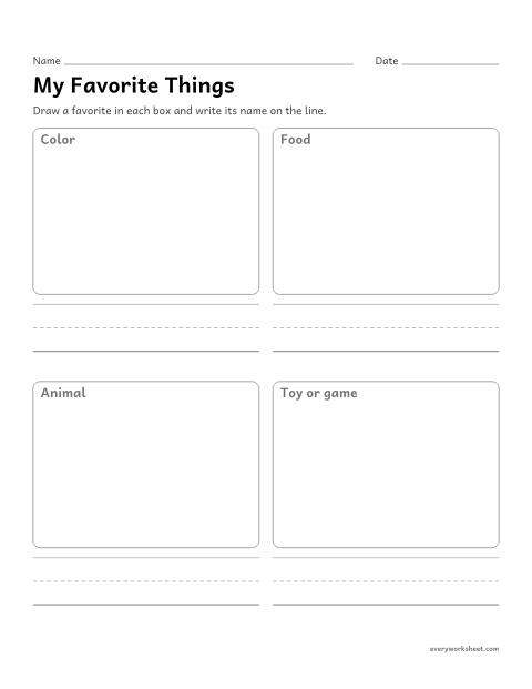 Preview of the printable “My favorite things worksheet” worksheet: telling favorites with a picture and a word