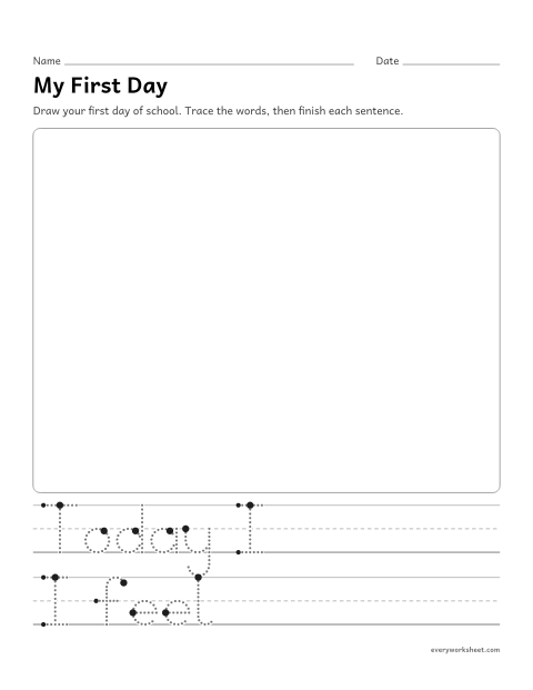 Preview of the printable “My first day of kindergarten writing prompt” worksheet: telling about the first day of school