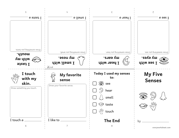 Preview of the printable “My five senses mini book” worksheet: making a mini book about the five senses