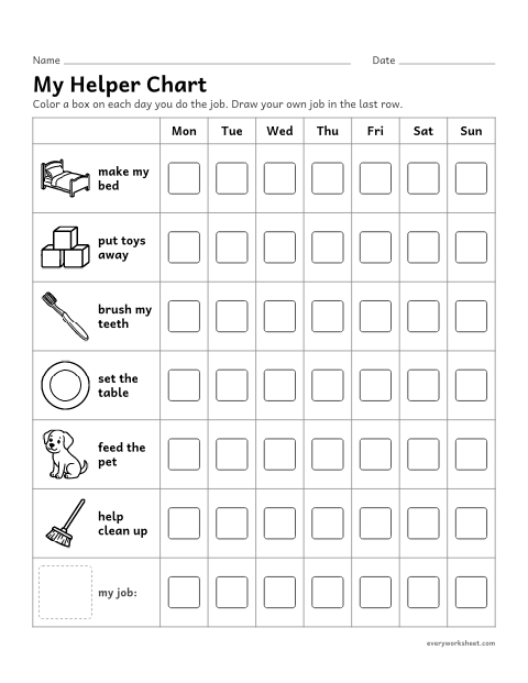 Preview of the printable “My helper chart” worksheet: doing jobs to help my family and keeping track for a week