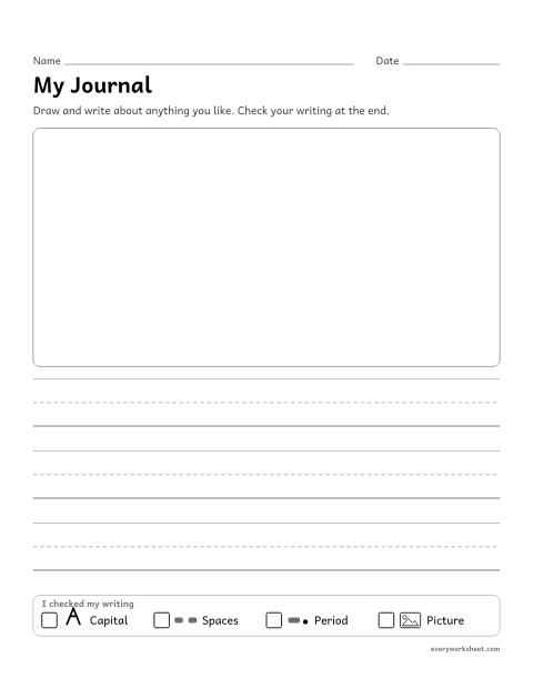 Preview of the printable “My journal page” worksheet: drawing and writing about a self-chosen topic