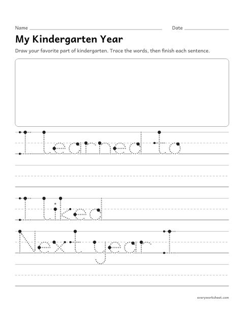 Preview of the printable “End of the year kindergarten writing prompt” worksheet: recalling the school year: what I learned and liked